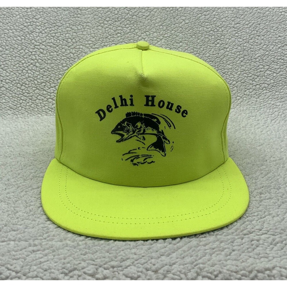 VTG Delhi House Snapback Blockhead Hat Mens Fishing Trout Electric‎ Yellow Retro